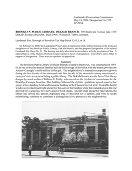 Brooklyn Public Library, Dekalb Branch Designation Report