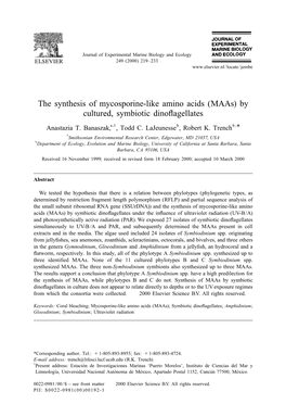 The Synthesis of Mycosporine-Like Amino Acids (Maas) by Cultured, Symbiotic Dino¯Agellates