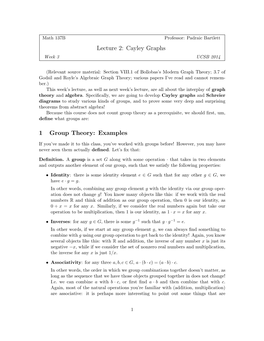 Lecture 2: Cayley Graphs 1 Group Theory: Examples