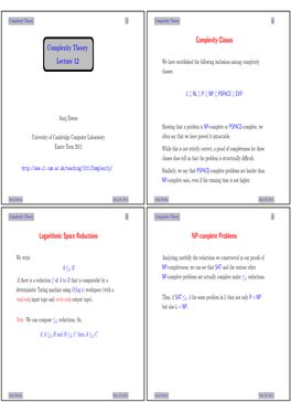 Complexity Theory Lecture 12 Complexity Classes Logarithmic