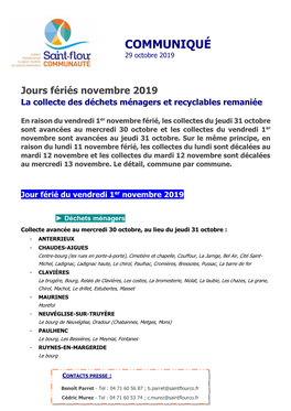 COMMUNIQUÉ 29 Octobre 2019