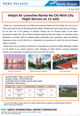 Vietjet Air Launches Narita-Ho Chi Minh City Flight Service on 12 July!