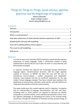 Things Do Things to Things: Social Calculus, Agentive Grammar and the Beginnings of Language1 Martin Edwardes King’S College London Martin.Edwardes@Kcl.Ac.Uk