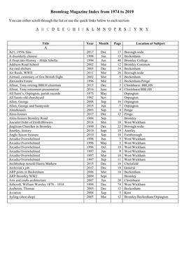 Bromleag Magazine Index from 1974 to 2019