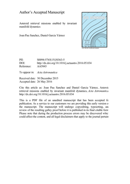 Asteroid Retrieval Missions Enabled by Invariant Manifold Dynamics