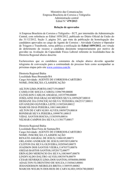 Ministério Das Comunicações Empresa Brasileira De Correios E Telégrafos Administração Central Edital N.º 479/2013