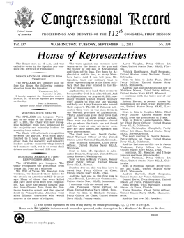 Congressional Record United States Th of America PROCEEDINGS and DEBATES of the 112 CONGRESS, FIRST SESSION