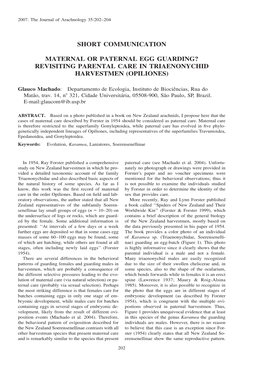 Revisiting Parental Care in Triaenonychid Harvestmen (Opiliones)