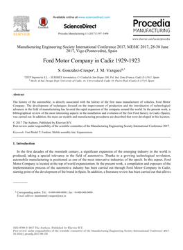 Ford Motor Company in Cadiz 1929-1923 Manufacturing Engineeringford Motor Society Company International in Conference Cadiz 1929-1923 2017, MESIC 2017, 28-30 June S