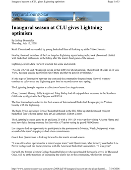 Inaugural Season at CLU Gives Lightning Optimism Page 1 of 3