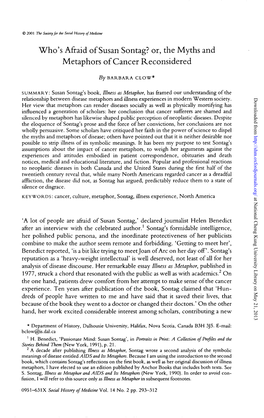 Who's Afraid of Susan Sontag? Or, the Myths and Metaphors of Cancer Reconsidered