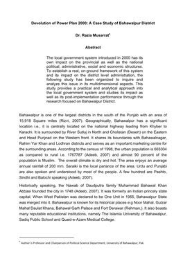 Devolution of Power Plan 2000: a Case Study of Bahawalpur District