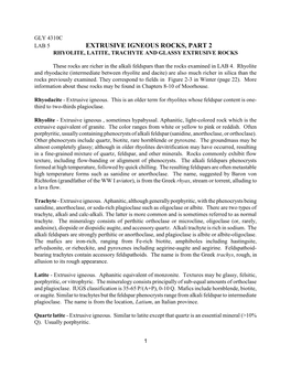 Extrusive Igneous Rocks, Part 2 Rhyolite, Latite, Trachyte and Glassy Extrusive Rocks