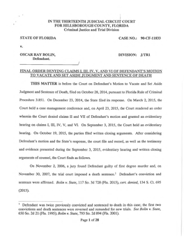 Final Order Denying Claims I. Iii, Iv, V. and Vi of Defendant's Motion to Vacate and Set Aside Judgment and Sentence of Death