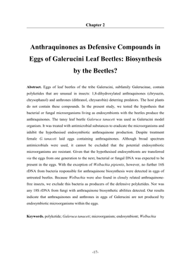 Anthraquinones As Defensive Compounds in Eggs of Galerucini Leaf Beetles: Biosynthesis by the Beetles?