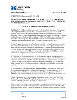 Mississippi Senate Poll Ffiinds Thad Cochran in Serious Danger of Losing the Republican Primary If He Seeks Another Term Next Year