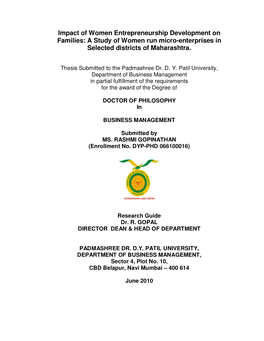 Impact of Women Entrepreneurship Development on Families: a Study of Women Run Micro-Enterprises in Selected Districts of Maharashtra