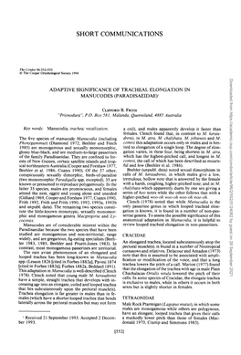 Adaptive Significance of Tracheal Elongation in Manucodes (Paradisaeidae) ’