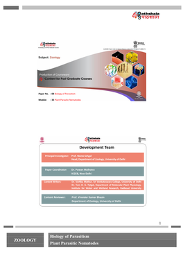 ZOOLOGY Biology of Parasitism Plant Parasitic Nematodes Development