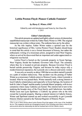 Letitia Preston Floyd: Pioneer Catholic Feminist*