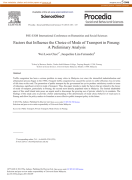 Factors That Influence the Choice of Mode of Transport in Penang: a Preliminary Analysis