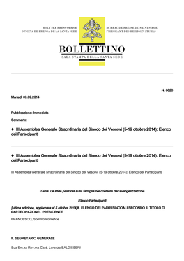 III Assemblea Generale Straordinaria Del Sinodo Dei Vescovi (5-19 Ottobre 2014): Elenco Dei Partecipanti