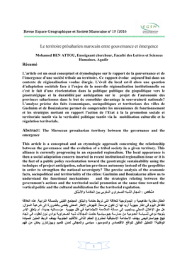 Le Territoire Présaharien Marocain Entre Gouvernance Et Émergence