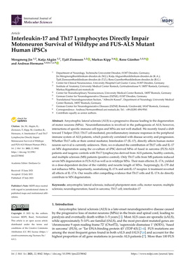 Interleukin-17 and Th17 Lymphocytes Directly Impair Motoneuron Survival of Wildtype and FUS-ALS Mutant Human Ipscs