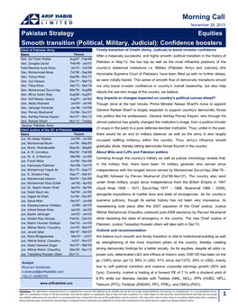 Morning Call November 28, 2013 Pakistan Strategy Equities Smooth Transition (Political, Military, Judicial): Confidence Boosters