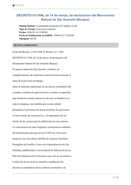 DECRETO 61/1996, De 14 De Marzo, De Declaracion Del Monumento Natural De Ojo Guareña (Burgos)