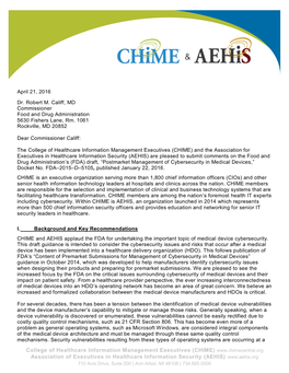 CHIME & AEHIS Letter to FDA on “Postmarket Management Of