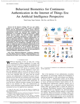 Behavioral Biometrics for Continuous Authentication in the Internet Of