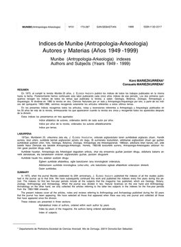 Indices De Munibe (Antropologia-Arkeologia) Autores Y Materias (Años 1949 -1999) Munibe (Antropologia-Arkeologia) Indexes Authors and Subjects (Years 1949 - 1999)