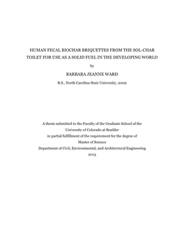 Human Fecal Biochar Briquettes from the Sol-Char Toilet for Use As a Solid Fuel in the Developing World