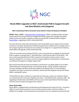 Nicole Miller Upgrades to NGC's Andromeda PLM to Support Growth Into New Markets and Categories