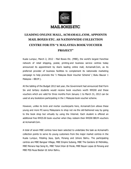 Leading Online Mall, Acmamall.Com, Appoints Mail Boxes Etc