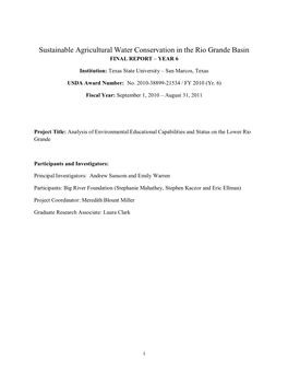 Sustainable Agricultural Water Conservation in the Rio Grande Basin FINAL REPORT – YEAR 6