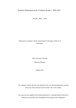 Primitive Methodism in the Yorkshire Wolds C. 1820-1932