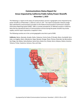 Communications Status Report for Areas Impacted by California Public Safety Power Shutoffs November 1, 2019