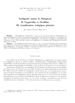 Tardigrades Marins De Madagascar II. Stygarctidae Et Oreellidae. III. Considérations Écologiques Générales