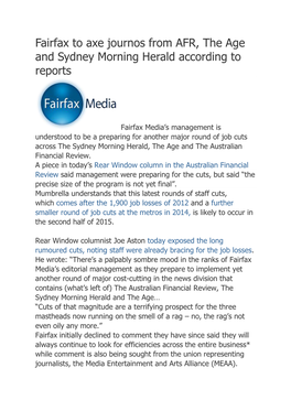 Fairfax to Axe Journos from AFR, the Age and Sydney Morning Herald According to Reports