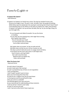 Poems for English 10 Poems for English 10