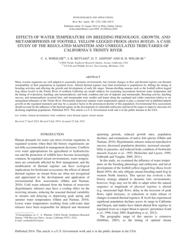 EFFECTS of WATER TEMPERATURE on BREEDING PHENOLOGY, GROWTH, and METAMORPHOSIS of FOOTHILL YELLOW-LEGGED FROGS (Rana Boylii)