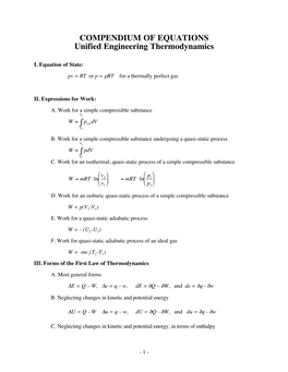 COMPENDIUM of EQUATIONS Unified Engineering Thermodynamics