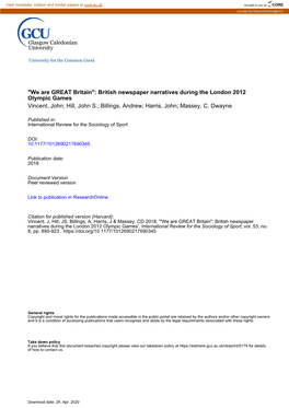 British Newspaper Narratives During the London 2012 Olympic Games Vincent, John; Hill, John S.; Billings, Andrew; Harris, John; Massey, C