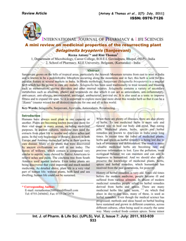 A Mini Review on Medicinal Properties of the Resurrecting Plant Selaginella