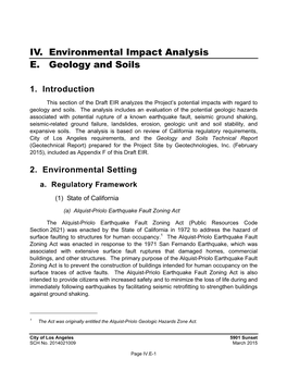 IV. Environmental Impact Analysis E. Geology and Soils