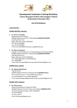 Development Evaluation Training Workshop Centara Watergate Pavillion Hotel, Bangkok, Thailand 30 November-4 December 2015