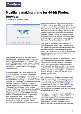 Mozilla Is Making Plans for 64-Bit Firefox Browser 6 October 2014, by Nancy Owano