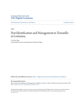 Pest Identification and Management in Tomatillo in Louisiana. Can Huy Ngo Louisiana State University and Agricultural & Mechanical College